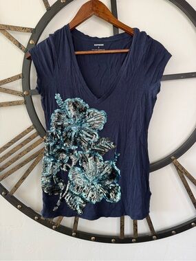 Express Navy V-Neck Tank with Blue & Silver Sequin Floral Detail